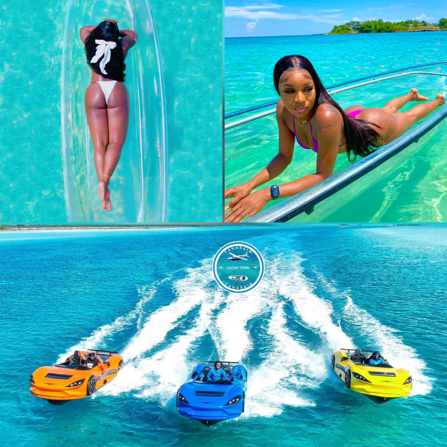 2-in -1 TOUR - LUXURY JET CAR + CLEAR KAYAK DRONE PHOTOSHOOT BUNDLE. (Transportation MUST be booked for this activity if its for only 1 person as this is a multi-location excursion) Free Transportation ONLY for groups of 2+ People.)